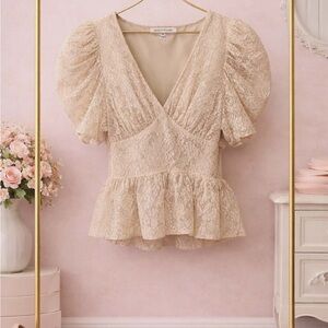 Jealous Tomato Beige Lace Puff Sleeve Top